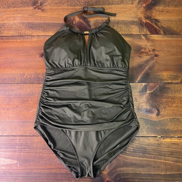 Lauren Ralph Lauren High-Neck One-Piece Olive Green Ruched Women's 16 - Picture 3 of 13